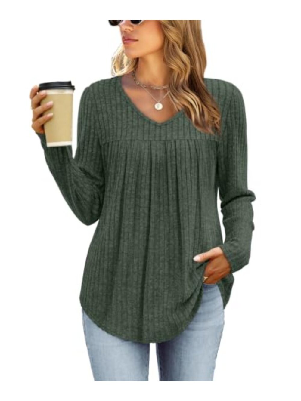Womens Long Sleeve V Neck Tunic Top Lightweight Pullover Sweater Casual